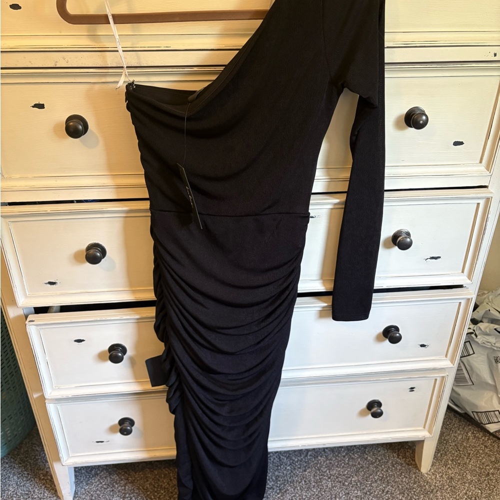 Lulu's Black Asymmetrical Ruched Cocktail Dress